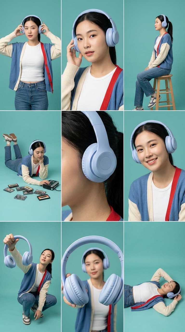 พรอมต์ภาพถ่ายสาวใส่หูฟังสบายๆ