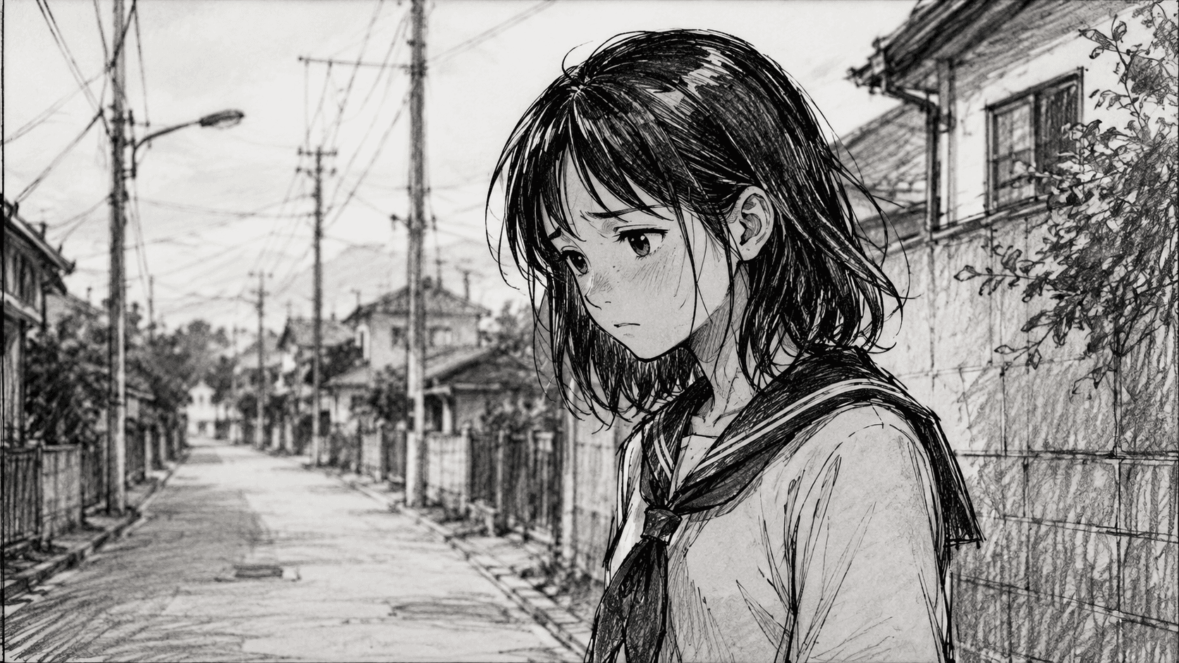 ภาพวาดอนิเมะสาวน้อยในเมืองเงียบสงบ