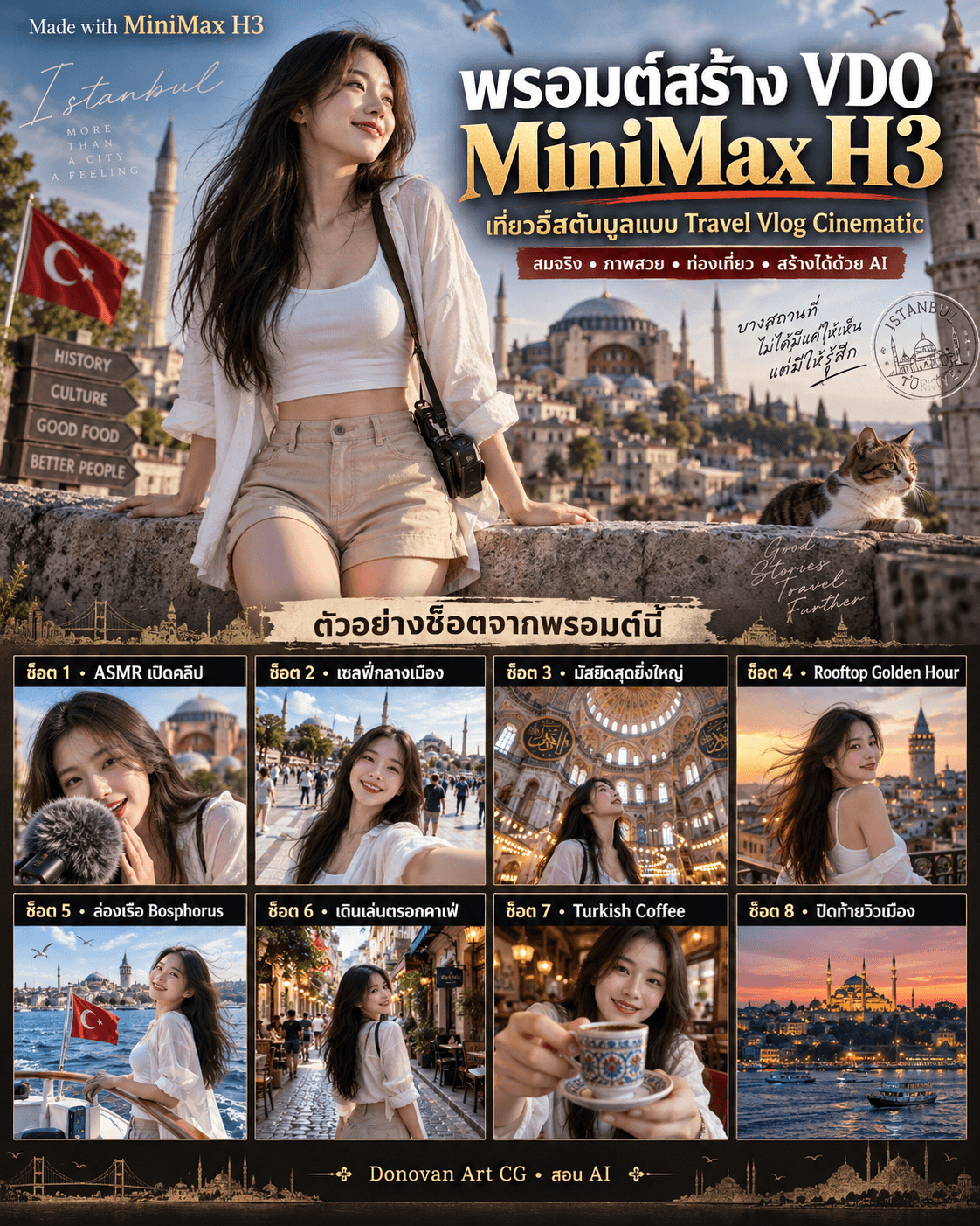 พรอมต์สร้าง VDO MiniMax H3 สไตล์ Travel Vlog Cinematic